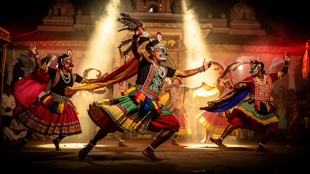 Mayurbhanj Chhau dancers in dynamic martial movement, traditional Odia dance