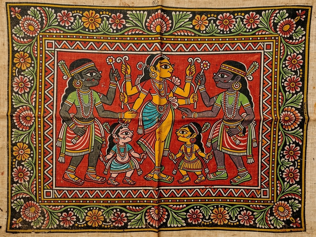 Vibrant Pattachitra-style tribal folk art narrating Odia cultural stories